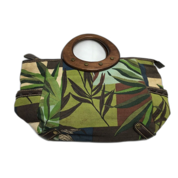 Fossil Vintage Wood Handle Clutch Green Leaf Design 80s Fabric Lined Pockets - Picture 1 of 9